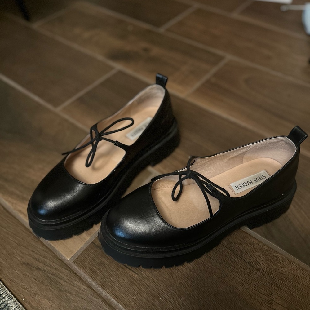 Steve Madden Black Flats with Chunky Sole and Mary Jane Strap- Landon Loafer - Picture 1 of 5